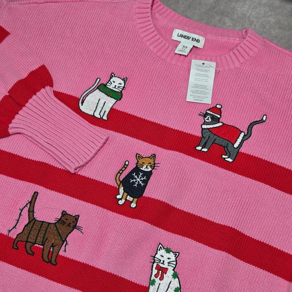 Lands End Drifter Christmas Cat Sweater Womens XS Pink Red Striped Cotton Knit